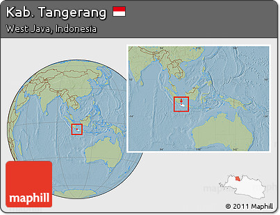 Savanna Style Location Map of Kab. Tangerang, highlighted parent region, within the entire country, hill shading