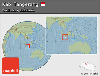 Savanna Style Location Map of Kab. Tangerang, highlighted parent region, within the entire country, hill shading