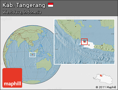 Savanna Style Location Map of Kab. Tangerang, highlighted parent region, hill shading