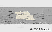 Shaded Relief Panoramic Map of Kab. Tangerang, darken, desaturated