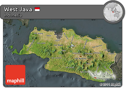 Satellite Map of West Java, darken, semi-desaturated