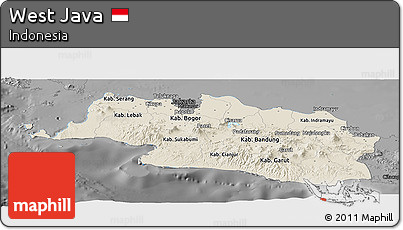 Shaded Relief Panoramic Map of West Java, darken, desaturated