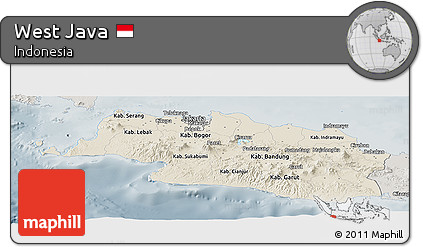 Shaded Relief Panoramic Map of West Java, semi-desaturated