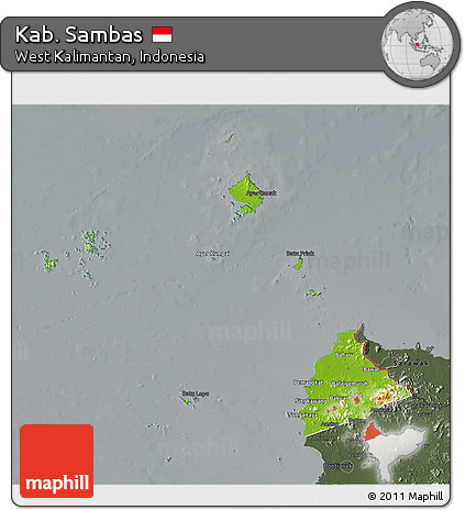 Physical 3D Map of Kab. Sambas, darken, semi-desaturated