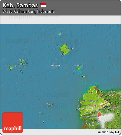 Physical 3D Map of Kab. Sambas, satellite outside
