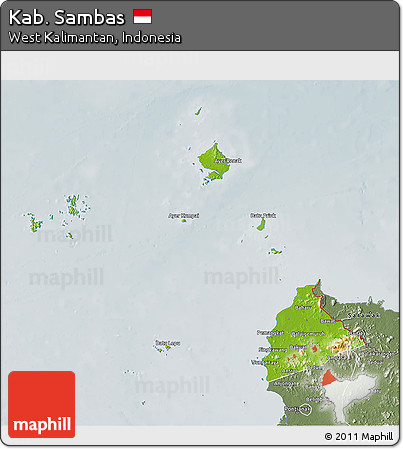 Physical 3D Map of Kab. Sambas, semi-desaturated