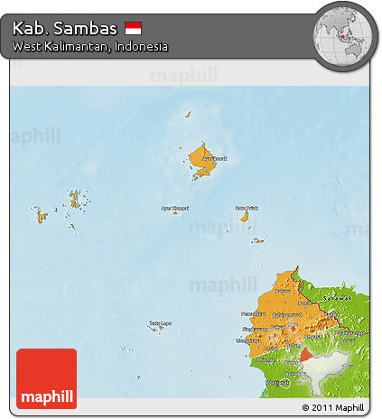 Political 3D Map of Kab. Sambas, physical outside