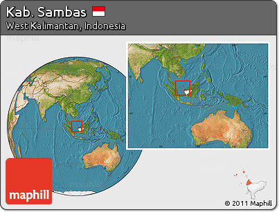 Satellite Location Map of Kab. Sambas, highlighted parent region, within the entire country