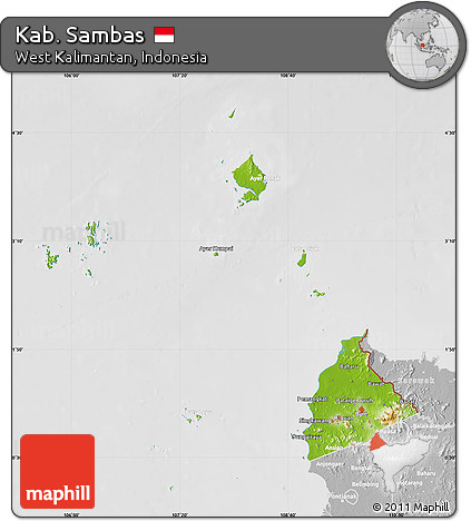 Physical Map of Kab. Sambas, lighten, desaturated