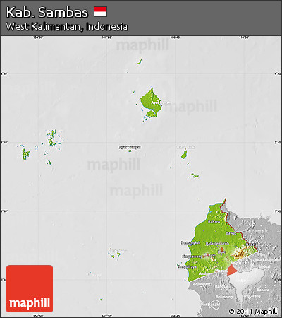 Physical Map of Kab. Sambas, lighten, desaturated