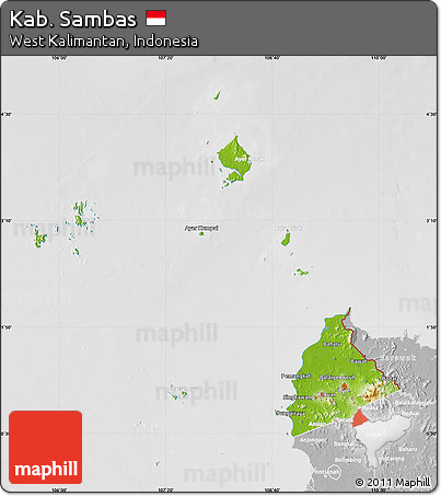 Physical Map of Kab. Sambas, lighten, desaturated