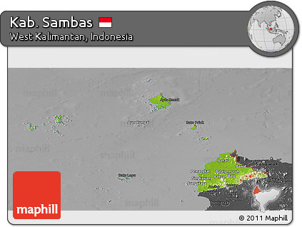 Physical Panoramic Map of Kab. Sambas, darken, desaturated