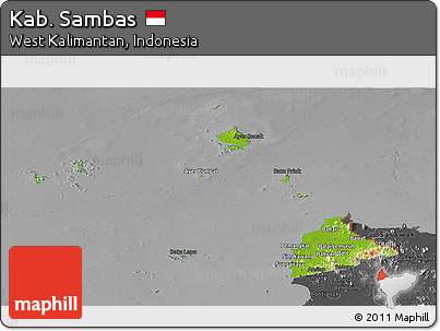 Physical Panoramic Map of Kab. Sambas, darken, desaturated
