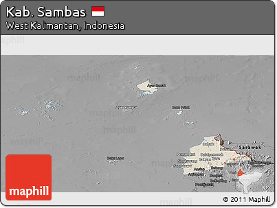 Shaded Relief Panoramic Map of Kab. Sambas, darken, desaturated
