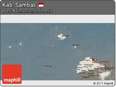 Shaded Relief Panoramic Map of Kab. Sambas, darken