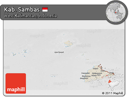 Shaded Relief Panoramic Map of Kab. Sambas, lighten, desaturated