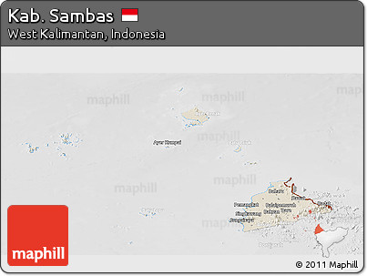Shaded Relief Panoramic Map of Kab. Sambas, lighten, desaturated