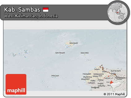 Shaded Relief Panoramic Map of Kab. Sambas, semi-desaturated