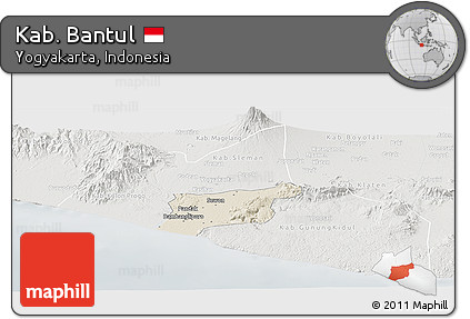 Shaded Relief Panoramic Map of Kab. Bantul, lighten, semi-desaturated