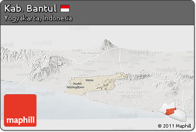 Shaded Relief Panoramic Map of Kab. Bantul, lighten, semi-desaturated