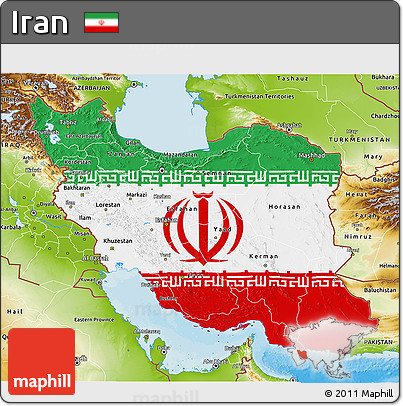 Flag 3D Map of Iran, physical outside, bathymetry sea, flag centered