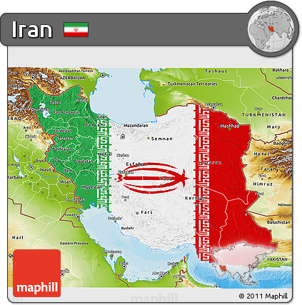 Flag 3D Map of Iran, physical outside, bathymetry sea, flag rotated