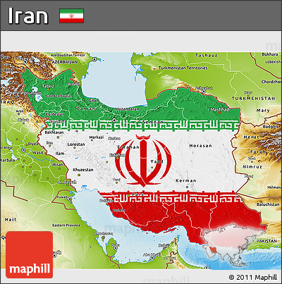 Flag 3D Map of Iran, physical outside, flag centered