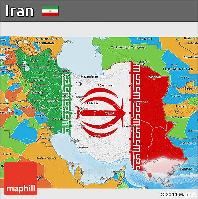 Flag 3D Map of Iran, political outside, flag aligned to the middle