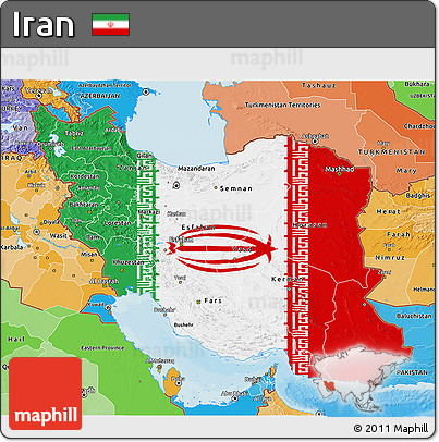 Flag 3D Map of Iran, political shades outside, flag rotated
