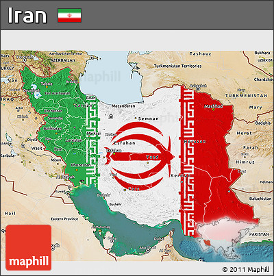 Flag 3D Map of Iran, satellite outside, flag aligned to the middle