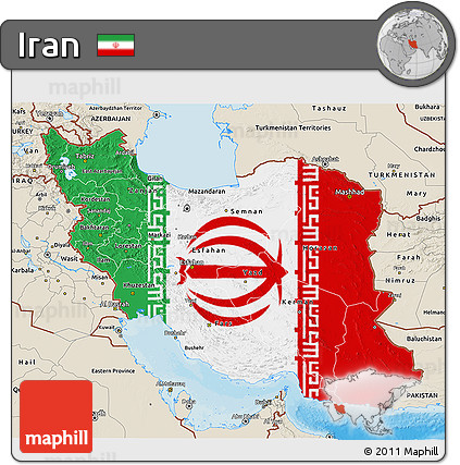 Flag 3D Map of Iran, shaded relief outside, bathymetry sea, flag aligned to the middle