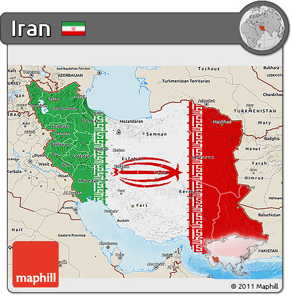 Flag 3D Map of Iran, shaded relief outside, flag rotated