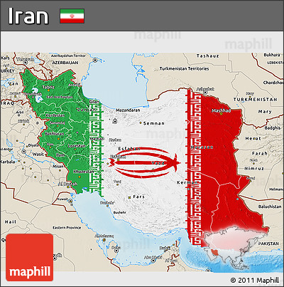 Flag 3D Map of Iran, shaded relief outside, flag rotated