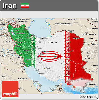 Flag 3D Map of Iran, shaded relief outside, flag rotated