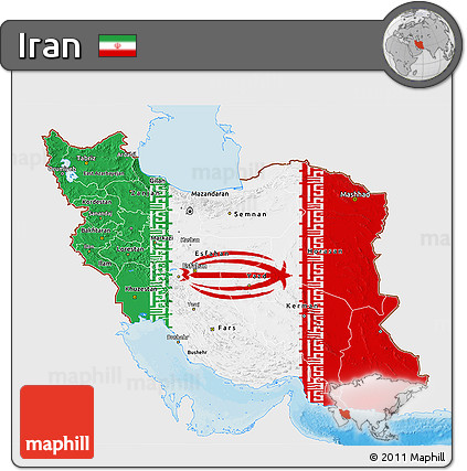 Flag 3D Map of Iran, single color outside, bathymetry sea, shaded relief sea, flag rotated