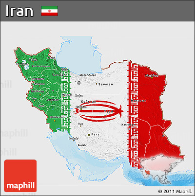 Flag 3D Map of Iran, single color outside, bathymetry sea, shaded relief sea, flag rotated