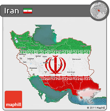 Flag 3D Map of Iran, single color outside, satellite sea, flag centered