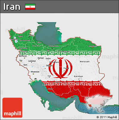 Flag 3D Map of Iran, single color outside, satellite sea, flag centered