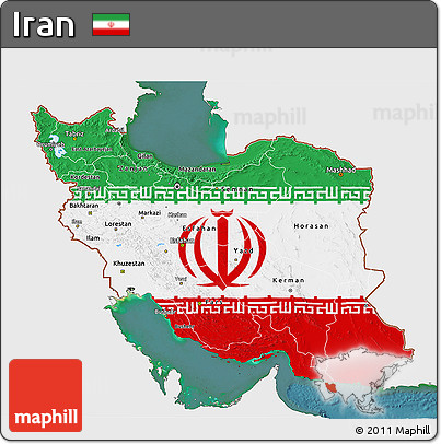Flag 3D Map of Iran, single color outside, satellite sea, flag centered