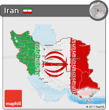 Flag 3D Map of Iran, single color outside, shaded relief sea, flag aligned to the middle