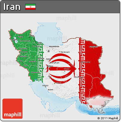 Flag 3D Map of Iran, single color outside, shaded relief sea, flag aligned to the middle