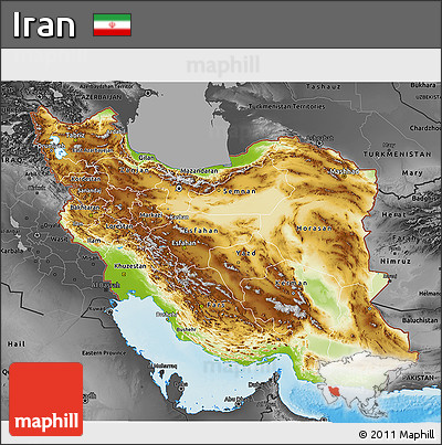 Physical 3D Map of Iran, darken, desaturated, land only
