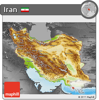Physical 3D Map of Iran, darken, desaturated, land only