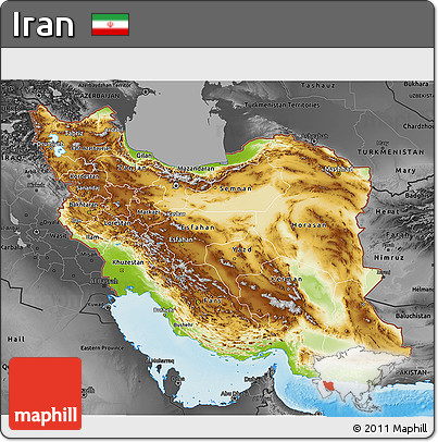 Physical 3D Map of Iran, darken, desaturated, land only