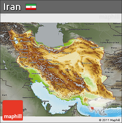 Physical 3D Map of Iran, darken, semi-desaturated, land only