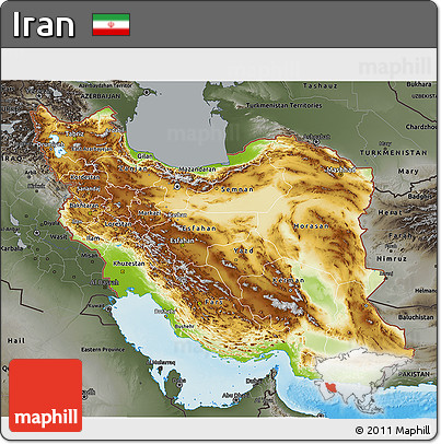 Physical 3D Map of Iran, darken, semi-desaturated, land only