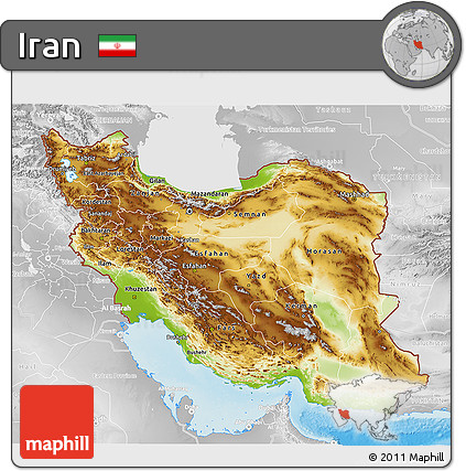 Physical 3D Map of Iran, lighten, desaturated, land only
