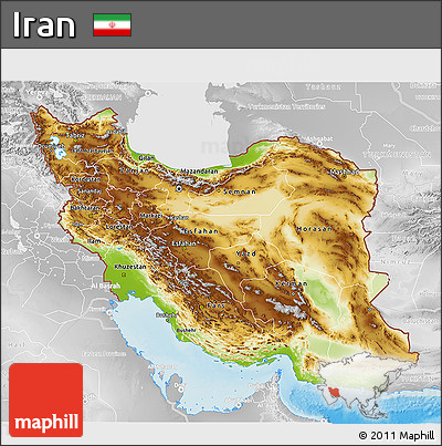 Physical 3D Map of Iran, lighten, desaturated, land only