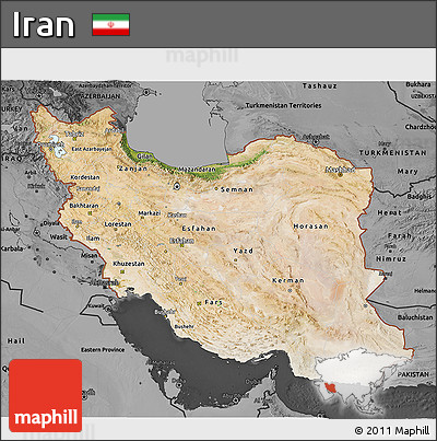 Satellite 3D Map of Iran, darken, desaturated
