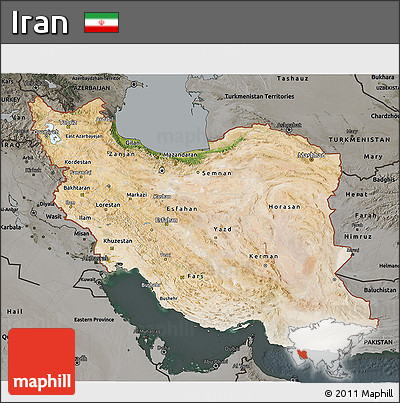 Satellite 3D Map of Iran, darken, semi-desaturated